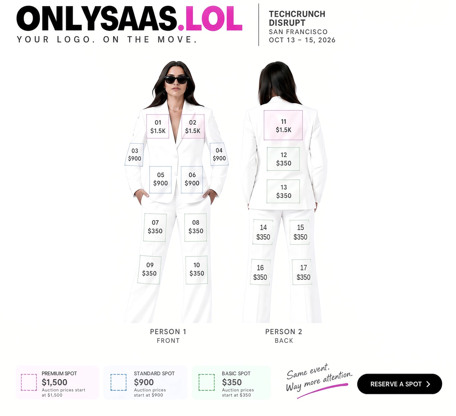 Front and back view of the white OnlySaaS suit showing available logo positions and starting bid tiers